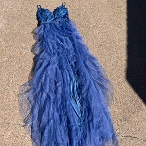 Elegant Blue Gown with Tulle Overlay